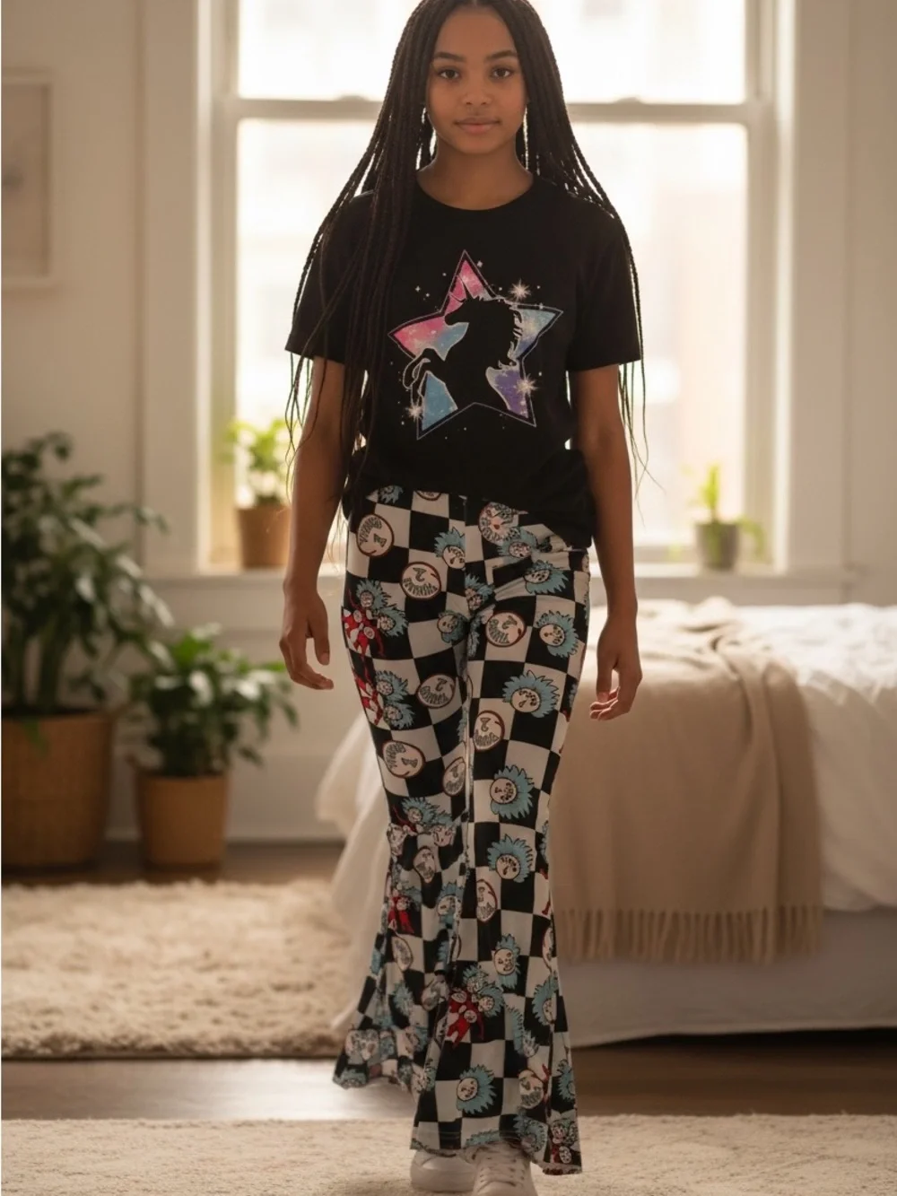 Dr. Seuss thing 1 thing 2 bell bottoms pants 3T checkered flare cat hat used